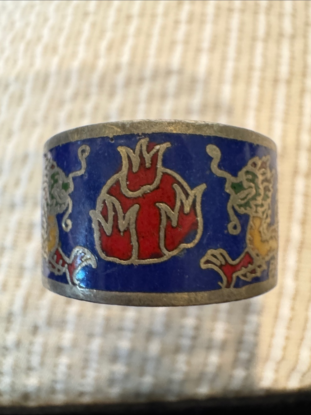 Vintage Cloisonné Wide Band Dragon Ring